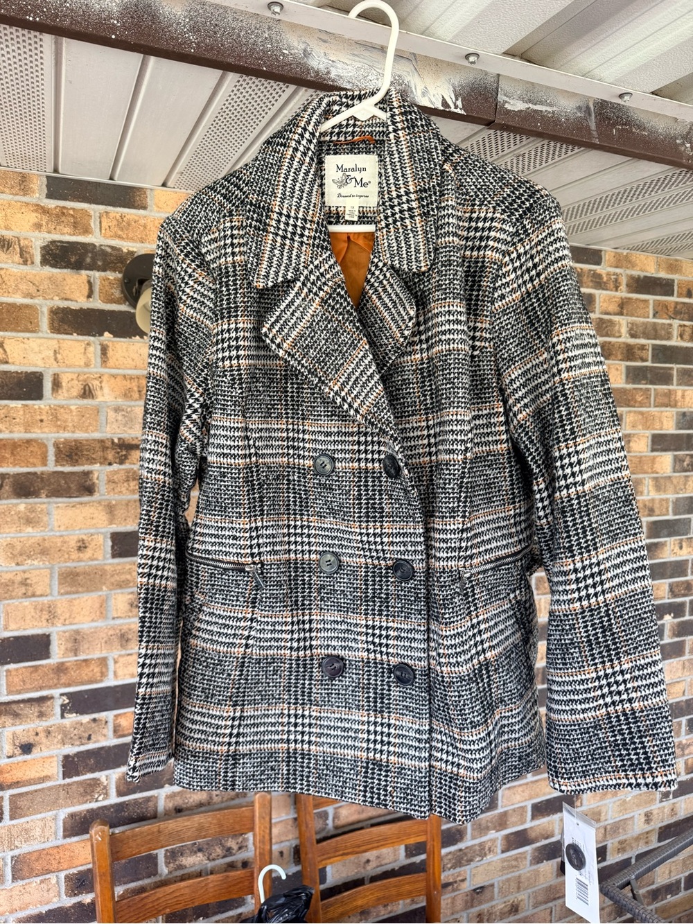 Maralyn & Me Black and Cream Plaid Double-Breasted Pea Coat